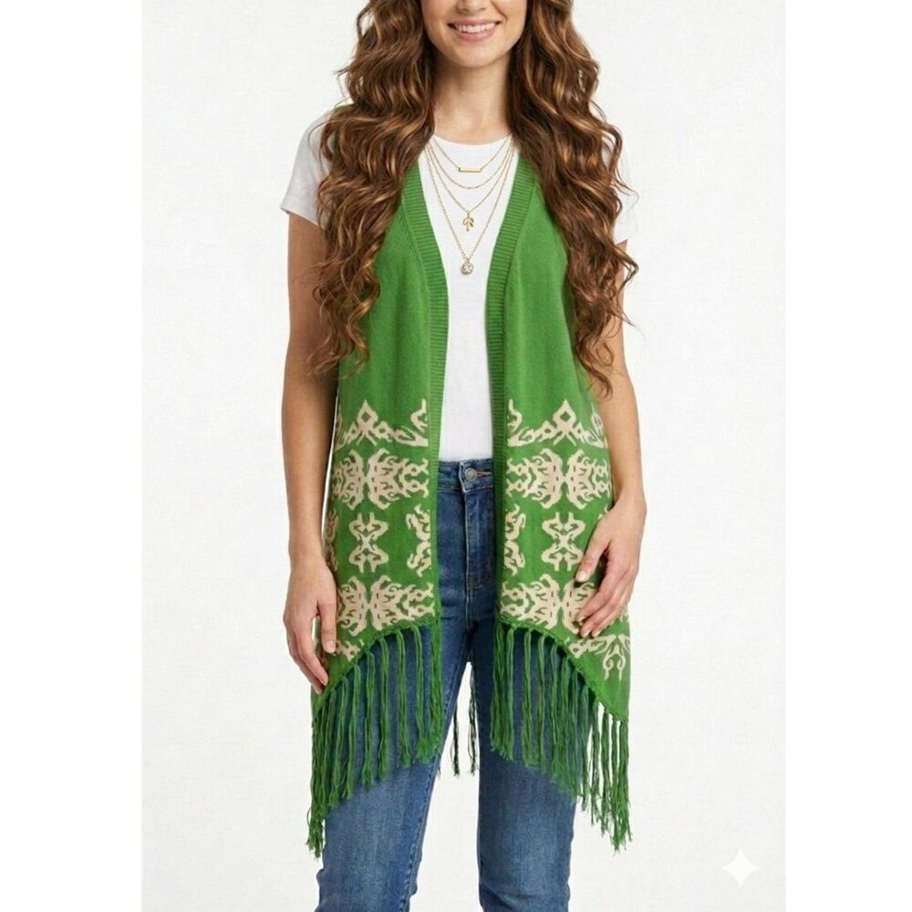 Maude Anthropologie Green Longline Fringe Vest Sz L Cotton Knit Sweater Duster